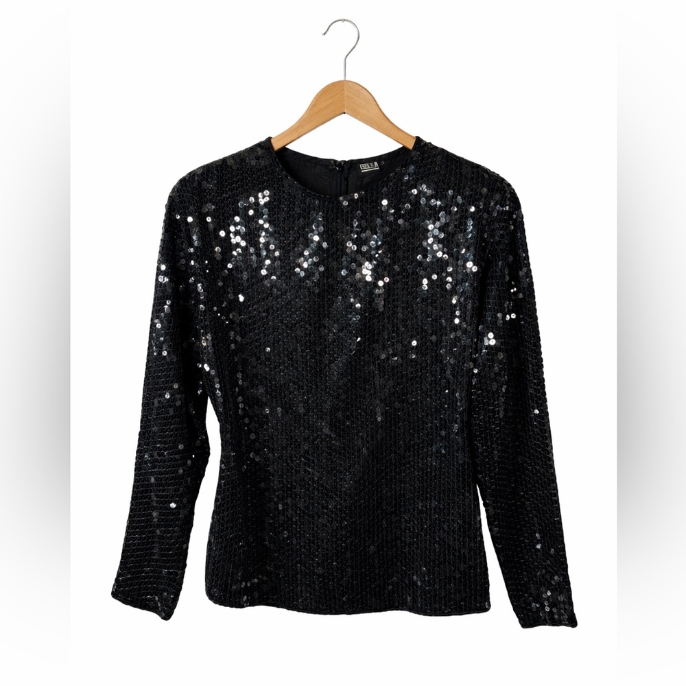 Della Roufogali Black Sequin Top Vintage Long Sleeve Party Blouse Size S Glam